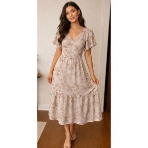 Market & Spruce Summer Spring Dress Floral Women's Small Beige Pink Boho (F)